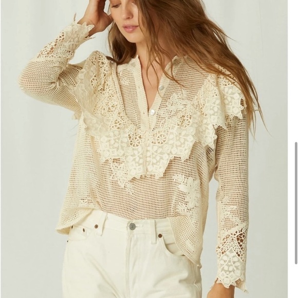 Free People Jen's Pirate Booty Lace Ruffled Sea Side Net Mesh Bohemian blouse - Picture 2 of 9